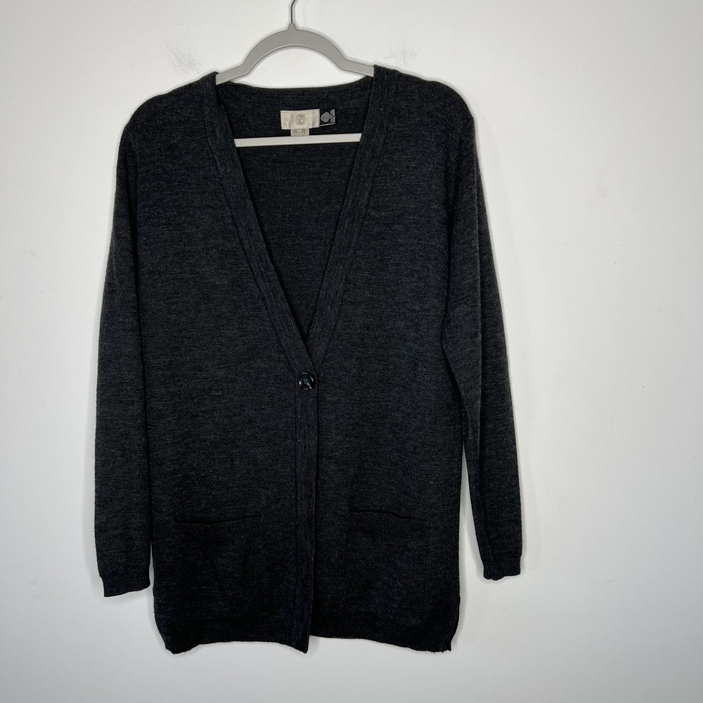 Nordstrom Sweater Womens XS Gray Merino Wool V Neck Cardigan Button Pockets